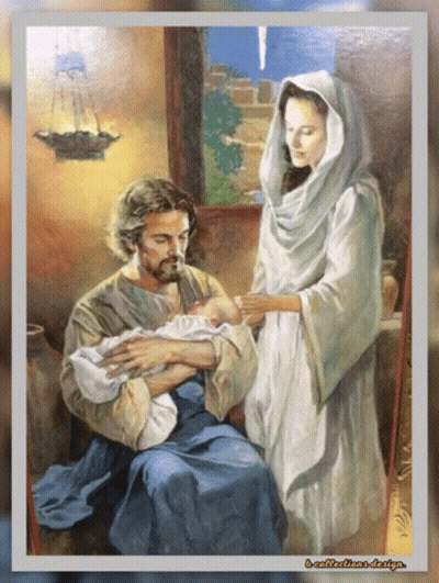 A Painting Of A Man And Woman Holding A Baby With A Watermark That Says B-Collection-Design GIF
