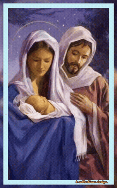 A Painting Of A Man And Woman Holding A Baby With The Caption " L' Affettione Design " GIF