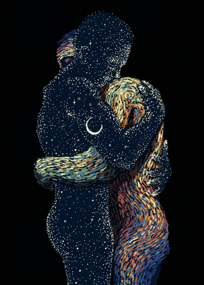 A Painting Of A Man And Woman Hugging Each Other With A Crescent Moon In The Background GIF