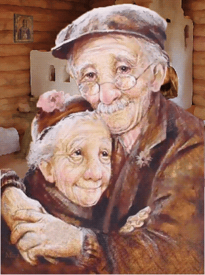 A Painting Of A Man And Woman Hugging Each Other With The Name Mira On The Bottom GIF