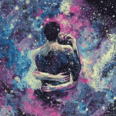 A Painting Of A Man And Woman Hugging With A Galaxy Background GIF