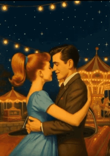 A Painting Of A Man And Woman Kissing In Front Of A Carousel GIF