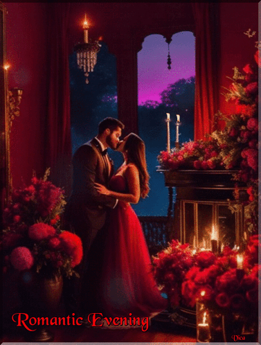 A Painting Of A Man And Woman Kissing With The Words Romantic Evening On The Bottom GIF