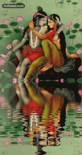 A Painting Of A Man And Woman Sitting Next To Each Other In A Pond . GIF