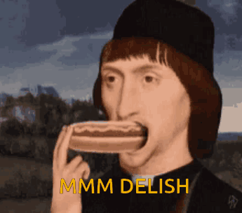 A Painting Of A Man Eating A Hot Dog With The Words " Mmmm Delish " Above Him GIF
