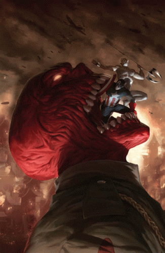 A Painting Of A Man Fighting A Monster With A Red Head GIF