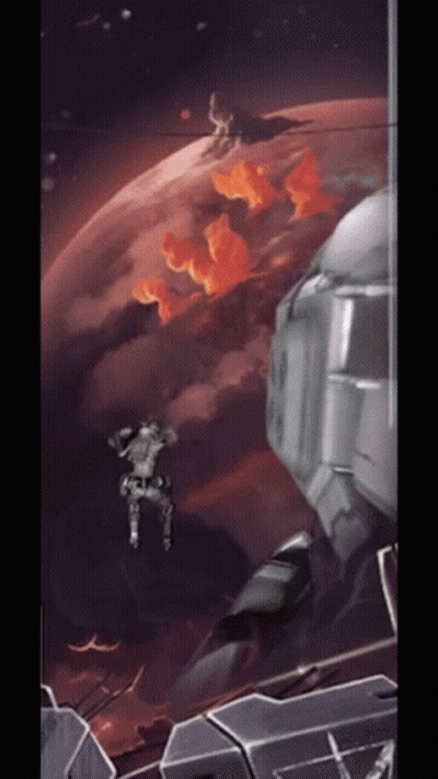 A Painting Of A Man Flying Through The Air In Front Of A Planet GIF