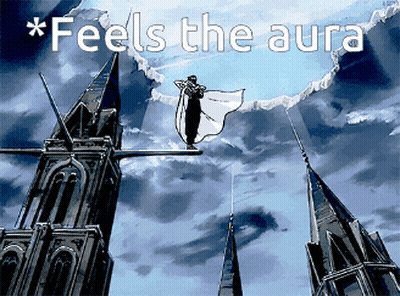 A Painting Of A Man Flying Through The Air With The Words * Feels The Aura * GIF