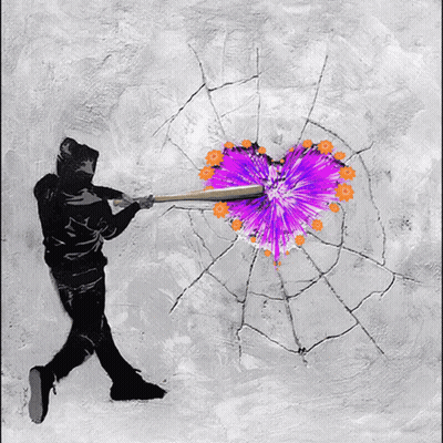 A Painting Of A Man Hitting A Purple Heart With A Baseball Bat GIF
