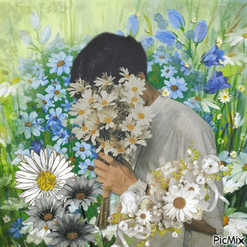 A Painting Of A Man Holding A Bouquet Of Daisies And Blue Flowers With The Caption Picmix GIF