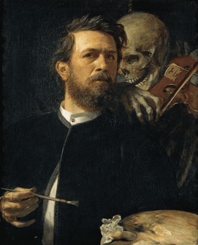 A Painting Of A Man Holding A Brush With A Skeleton Behind Him GIF