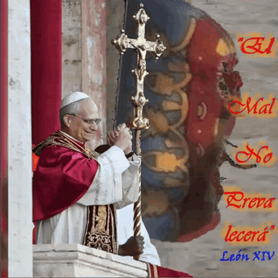 A Painting Of A Man Holding A Cross With The Words Mal No Prova Lecera Leon Xiv On The Bottom GIF
