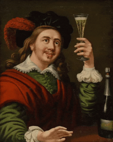 A Painting Of A Man Holding A Glass Of Champagne Next To A Bottle GIF