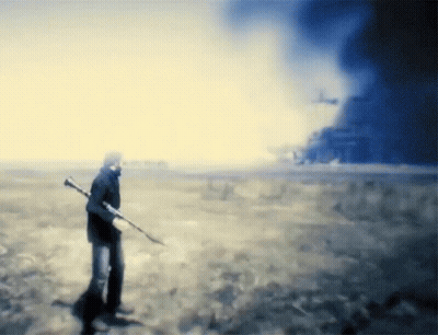 A Painting Of A Man Holding A Gun In A Field With A Building In The Background GIF