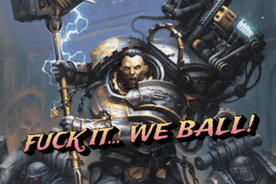 A Painting Of A Man Holding A Hammer With The Words " Fuck It We Ball ! " Below Him GIF