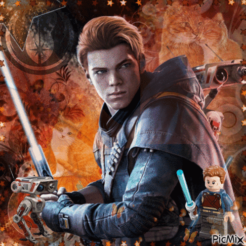 A Painting Of A Man Holding A Lightsaber With The Words Picmix At The Top GIF