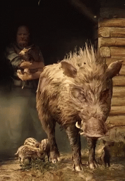 A Painting Of A Man Holding A Pig Standing Next To A Boar GIF