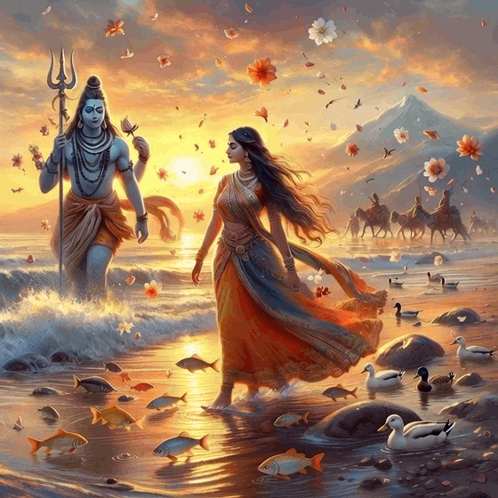 A Painting Of A Man Holding A Trident Standing Next To A Woman GIF