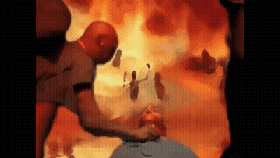 A Painting Of A Man Holding Another Man 'S Head In Front Of Flames GIF