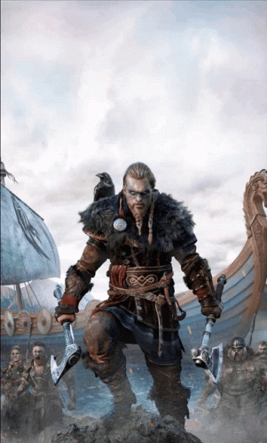 A Painting Of A Man Holding Two Axes In Front Of A Viking Ship GIF