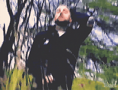 A Painting Of A Man In A Black Jacket Standing In A Forest GIF