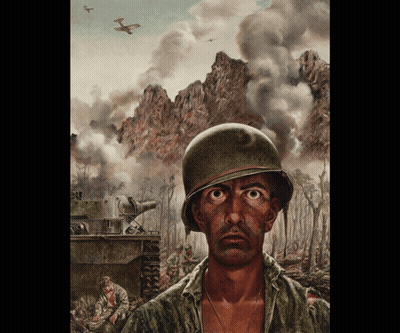 A Painting Of A Man In A Helmet Looking At Something GIF