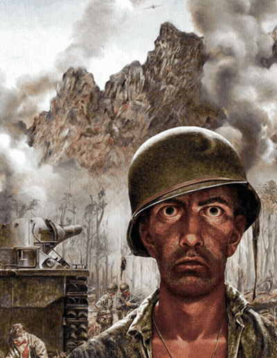 A Painting Of A Man In A Helmet With A Tank In The Background GIF