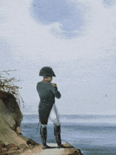 A Painting Of A Man In A Military Uniform Standing On A Rock Overlooking A Body Of Water GIF