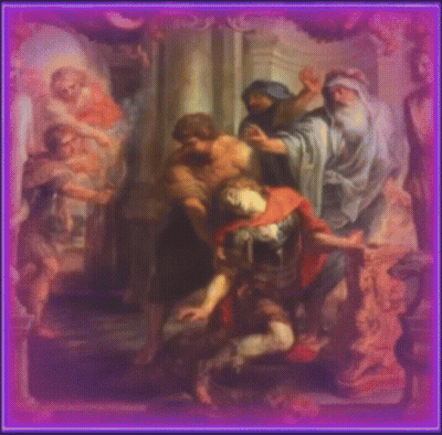A Painting Of A Man In A Red Cape Surrounded By People GIF