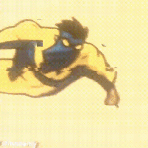 A Painting Of A Man In A Yellow And Blue Costume With The Words Hellsantv On The Bottom Right GIF
