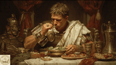 A Painting Of A Man In Armor Eating A Salad With A Logo For A Book Called The Bible On The Bottom GIF