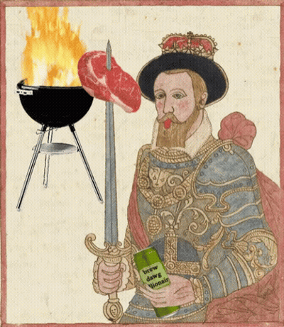 A Painting Of A Man In Armor Holding A Sword And A Can Of Brew Deer Winnie GIF