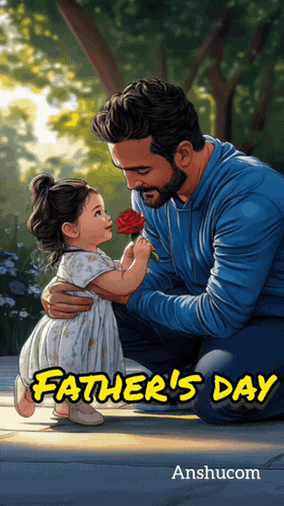 A Painting Of A Man Kneeling Down Giving A Little Girl A Rose With The Words Father 'S Day On The Bottom GIF