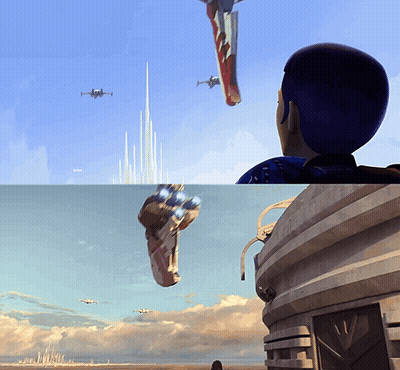A Painting Of A Man Looking At A Tower And A Flying Object GIF