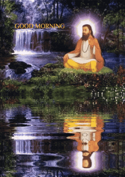 A Painting Of A Man Meditating In Front Of A Waterfall With The Words Good Morning Written Above Him GIF