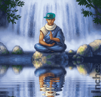 A Painting Of A Man Meditating In Front Of A Waterfall With The Words Inc.es Below Him GIF