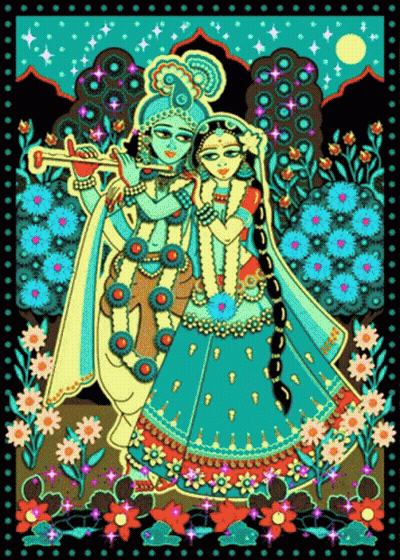 A Painting Of A Man Playing A Flute And A Woman Dancing With Flowers In The Background GIF