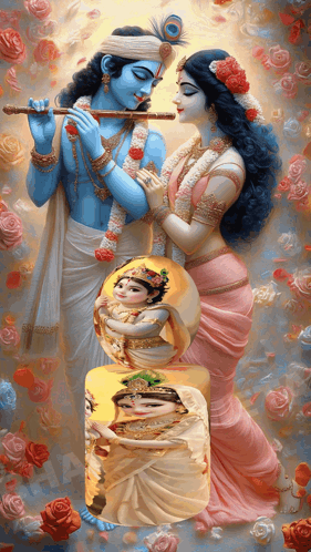 A Painting Of A Man Playing A Flute And A Woman Holding A Child GIF