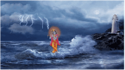 A Painting Of A Man Playing A Flute In The Ocean With Lightning In The Background GIF