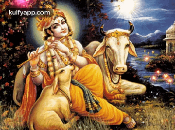 A Painting Of A Man Playing A Flute Next To A Cow With The Words Kulfyapp.com On The Bottom GIF