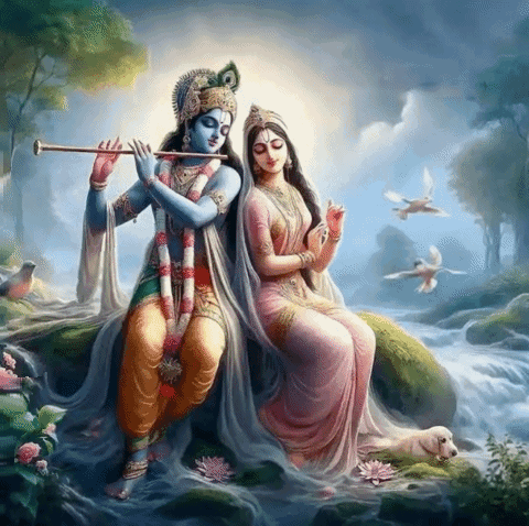 A Painting Of A Man Playing A Flute Next To A Woman Sitting On A Rock GIF