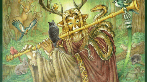 A Painting Of A Man Playing A Flute With Animals Around Him GIF