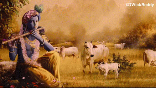 A Painting Of A Man Playing A Flute With Cows In The Background GIF