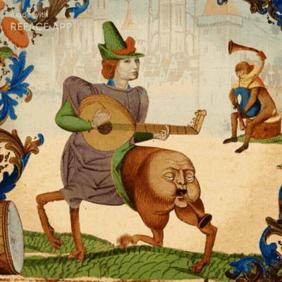 A Painting Of A Man Playing A Guitar And A Monkey Playing A Trumpet Has The Word Replace App On It GIF