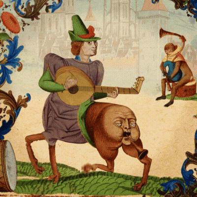 A Painting Of A Man Playing A Guitar With A Monkey Playing A Trumpet In The Background GIF