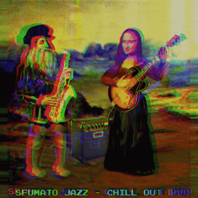 A Painting Of A Man Playing A Saxophone And A Woman Playing A Guitar With The Words Chill Out Duo Below Them GIF