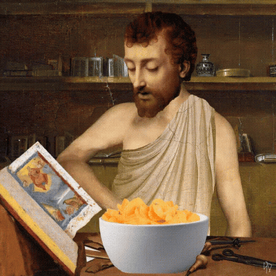 A Painting Of A Man Reading A Book Next To A Bowl Of Cheese Chips GIF