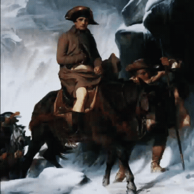 A Painting Of A Man Riding A Horse Through The Snow GIF