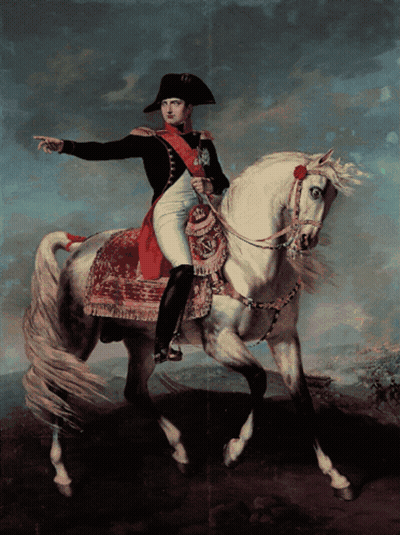 A Painting Of A Man Riding A Horse With A Red Rose On The Bridle GIF