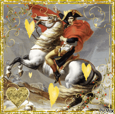 A Painting Of A Man Riding A White Horse With Hearts Around It GIF